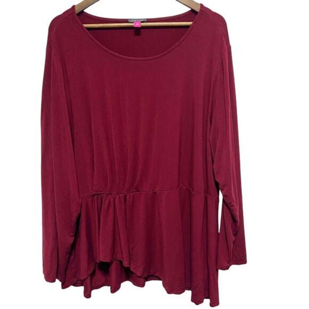 Vince Camuto Blouse Womens 3X Plus Red‎ Burgundy Long Sleeve Stretch Ruffle Hem